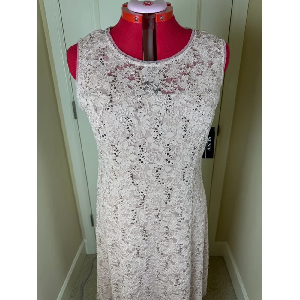 NWT Women's SLNY Plus 16 Blush Lace Sequin Midi Dress with Shrug 2PC Set